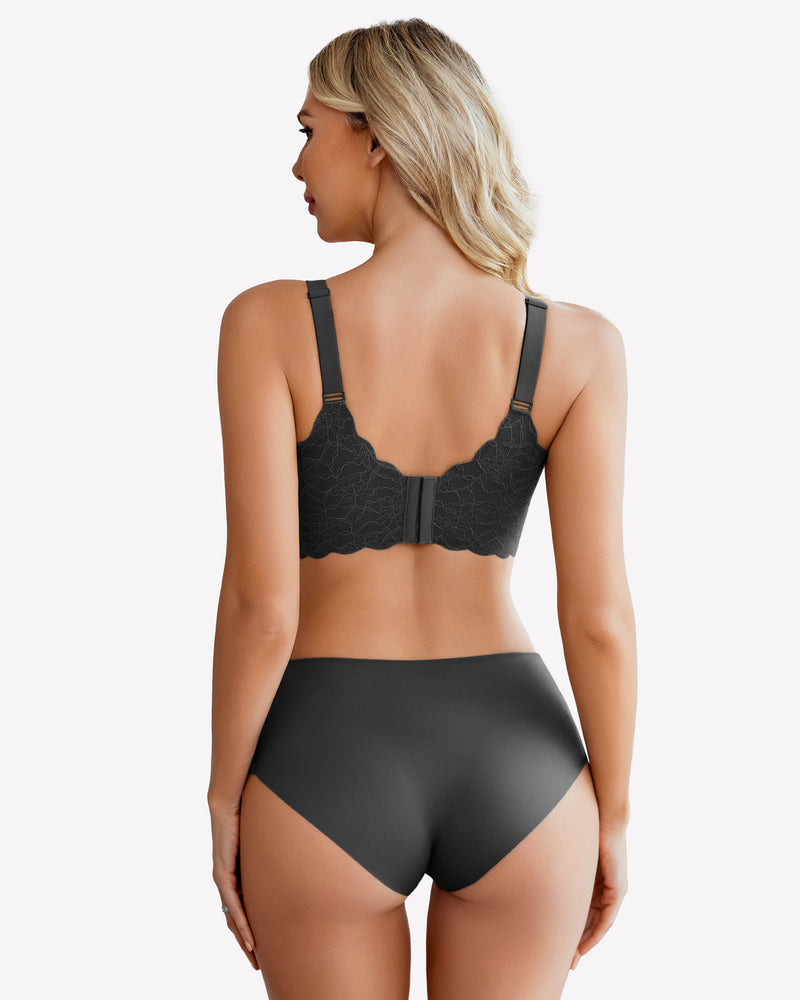 Dark gray lace full coverage bra and underwear set, comfortable and supportive.