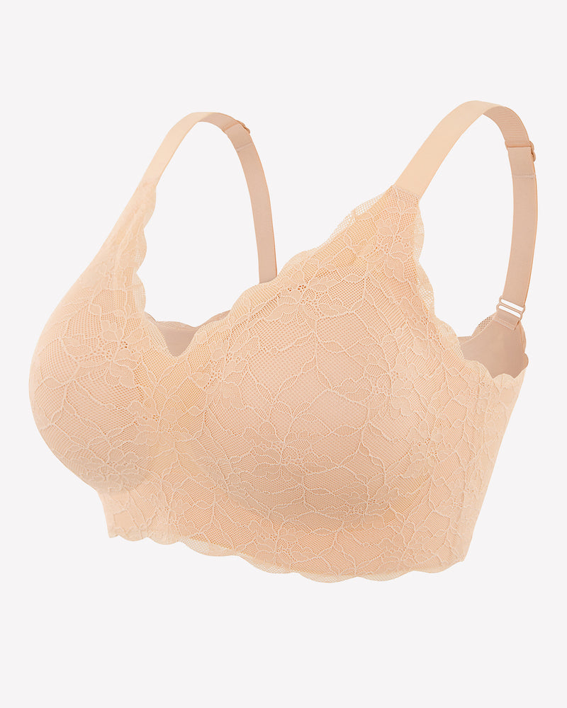 Beige lace wireless full coverage bra, offering ample support and coverage, perfect for daily wear.