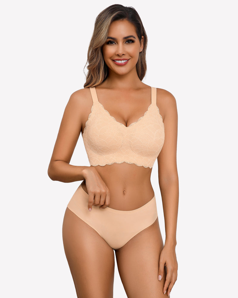 Beige lace wireless full coverage bra and underwear set, comfortable and supportive.