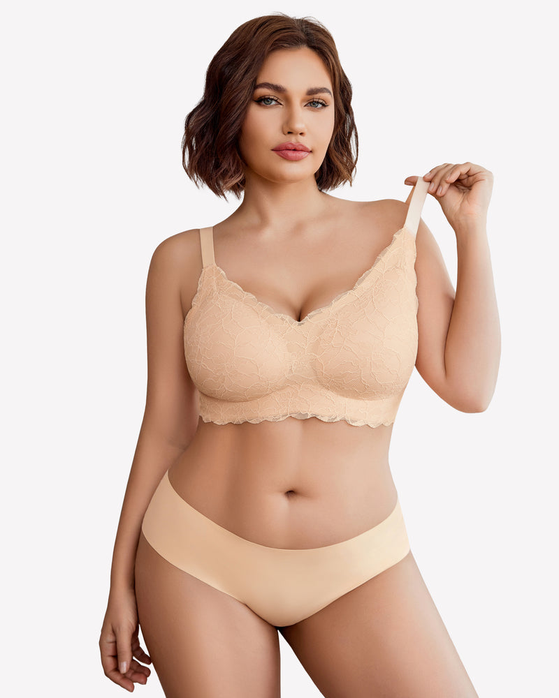 Beige lace full coverage bra and underwear set, offering support and coverage.