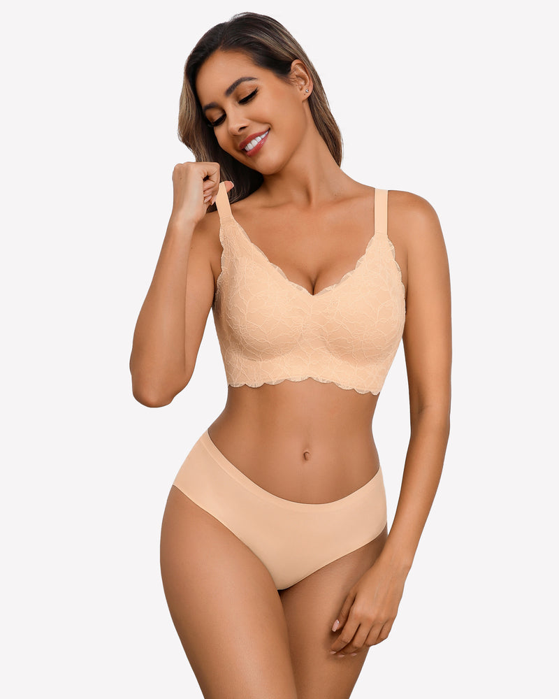 Beige lace full coverage bra and underwear set, comfortable and supportive.
