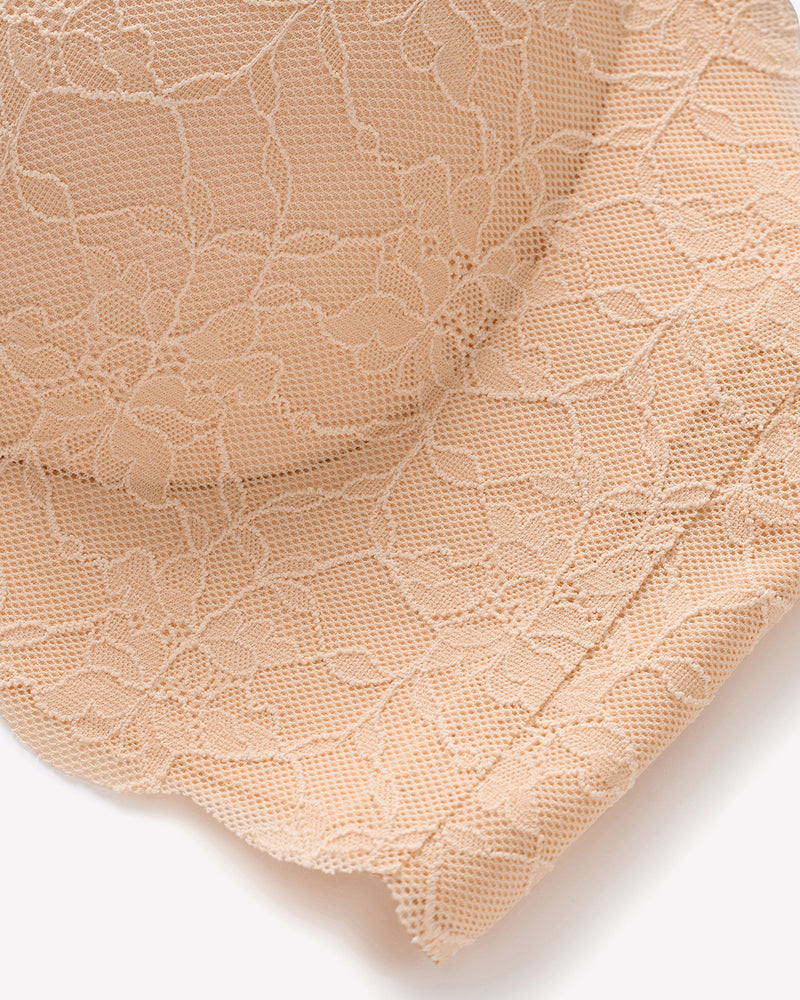Beige lace detail of wireless full coverage bra, showcasing floral pattern and fabric texture.