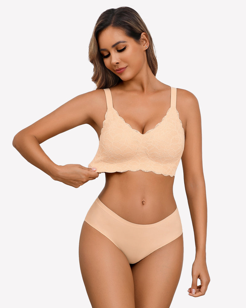 Beige lace wireless full coverage bra, offering ample support and coverage.