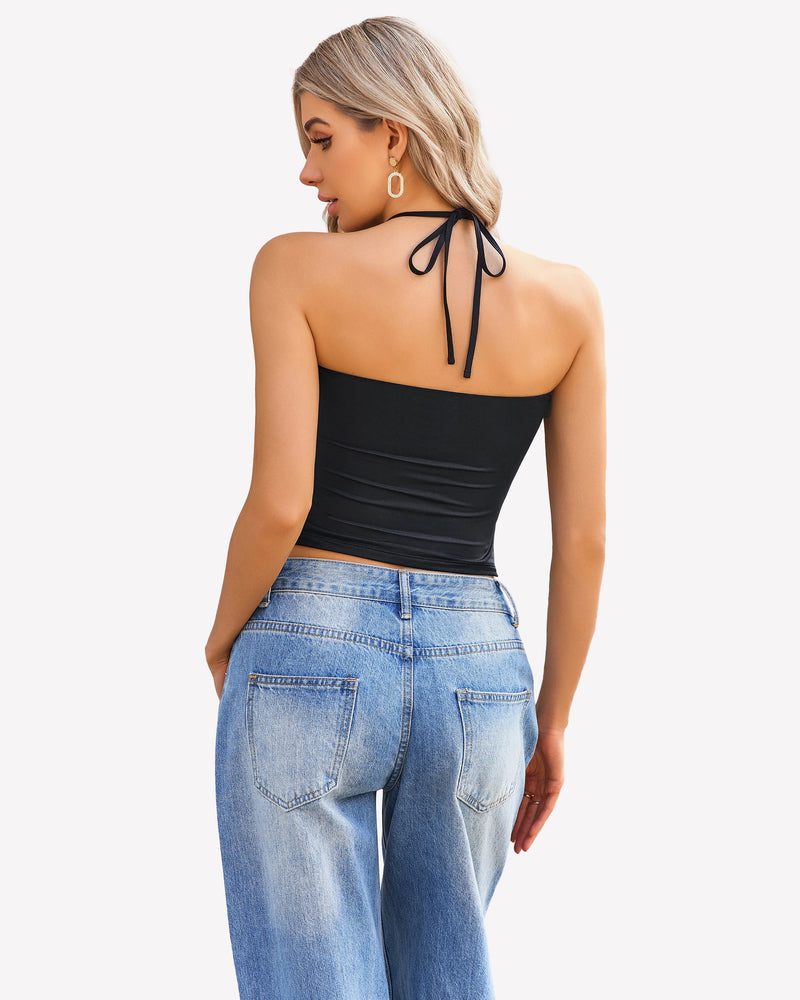Black halter crop top with ruched design and blue jeans, perfect for a night out, going out crop top