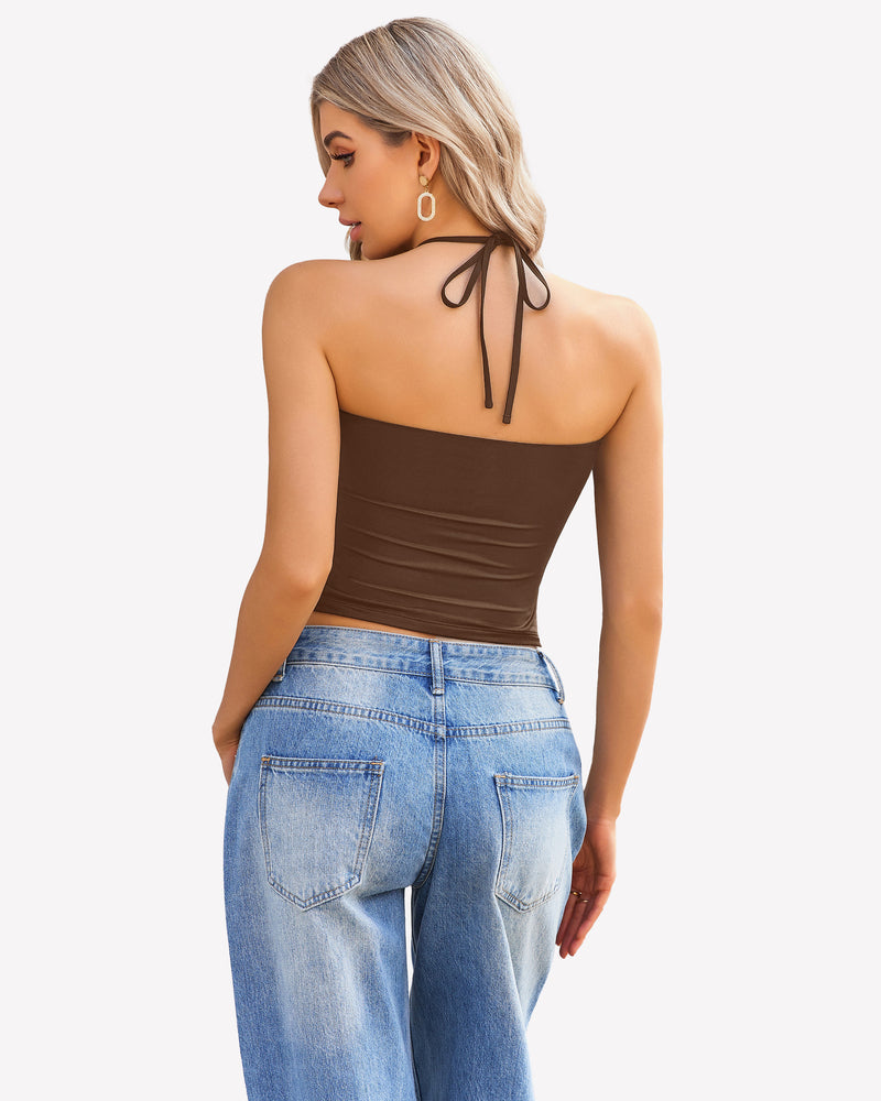 Stylish brown ruched halter crop top and blue jeans, perfect for a night out, going out crop top