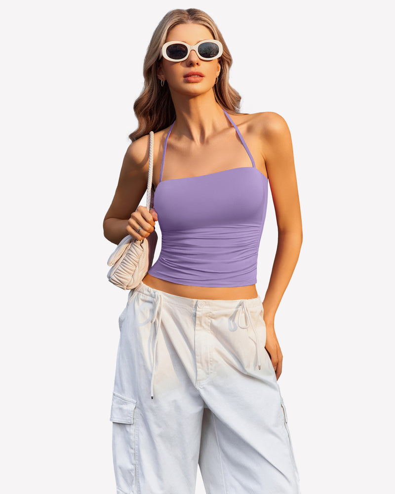 Lavender ruched halter crop top with white cargo pants, perfect for a night out, going out crop top