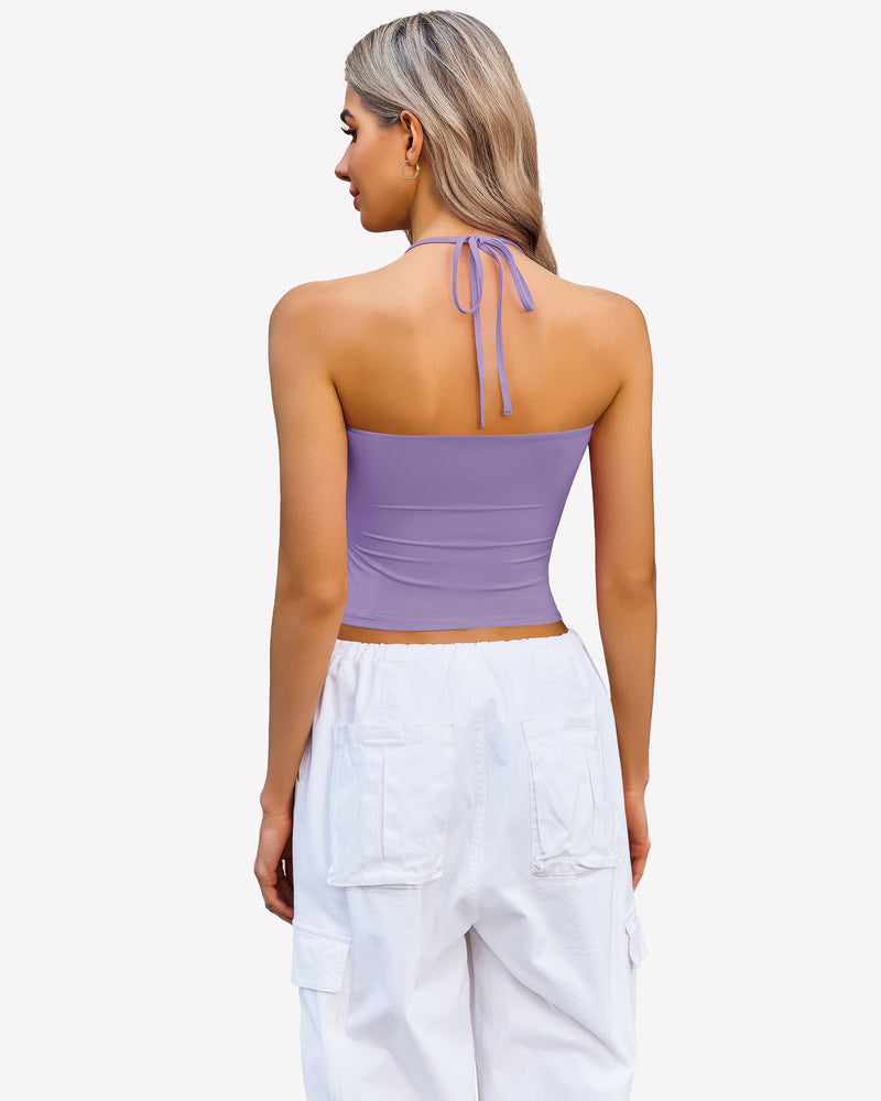 Lavender halter crop top with white cargo pants, perfect for a night out, going out crop top