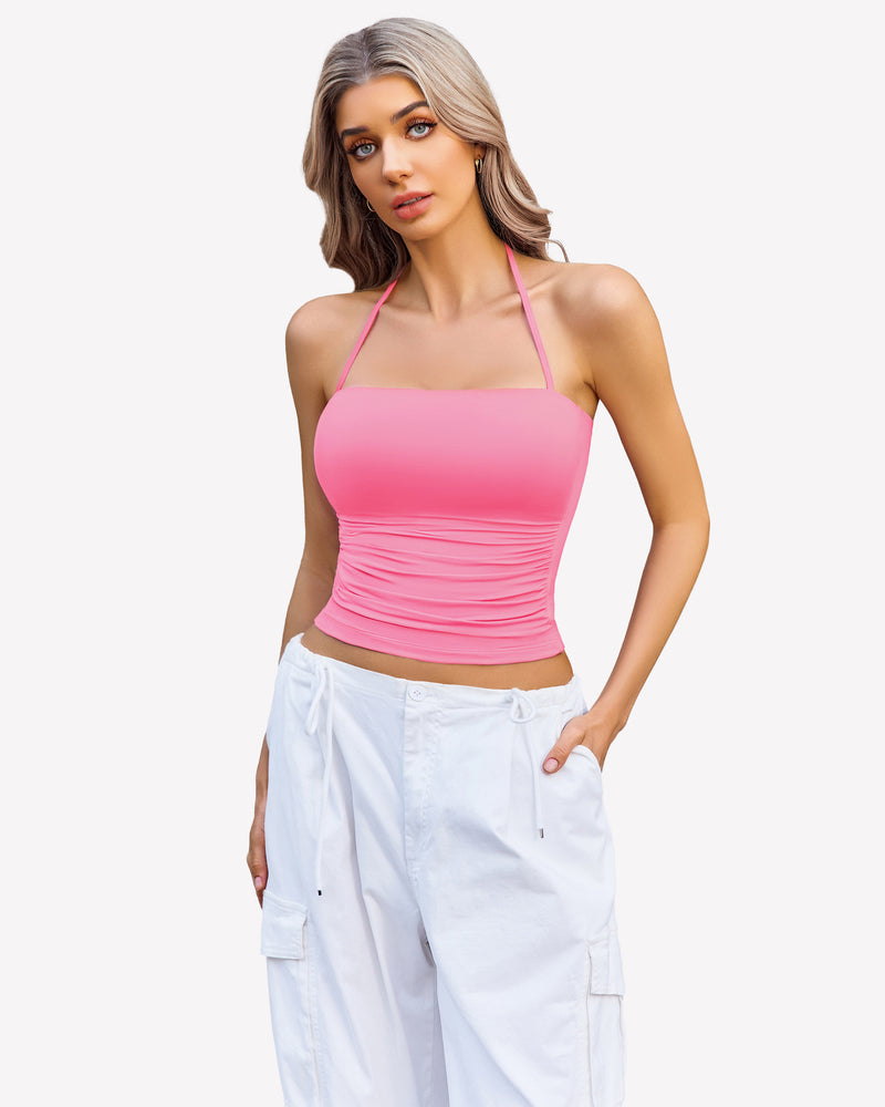 Pink ruched halter crop top with white cargo pants, perfect for a night out, going out crop top