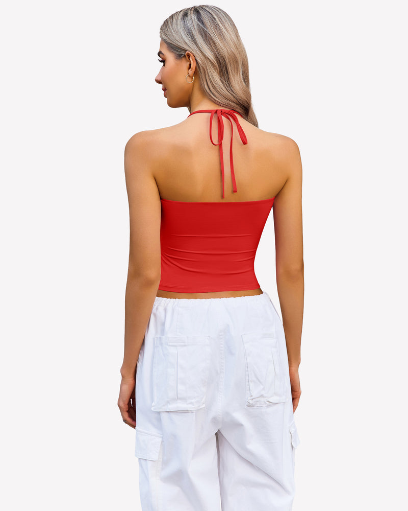 Red halter crop top with white cargo pants, perfect for a night out, ruched tank top