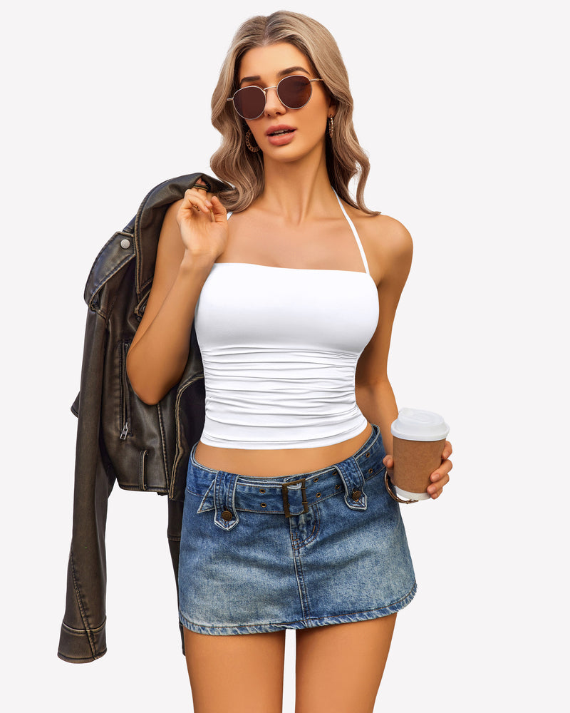 White ruched halter crop top and denim mini skirt, stylish going-out outfit