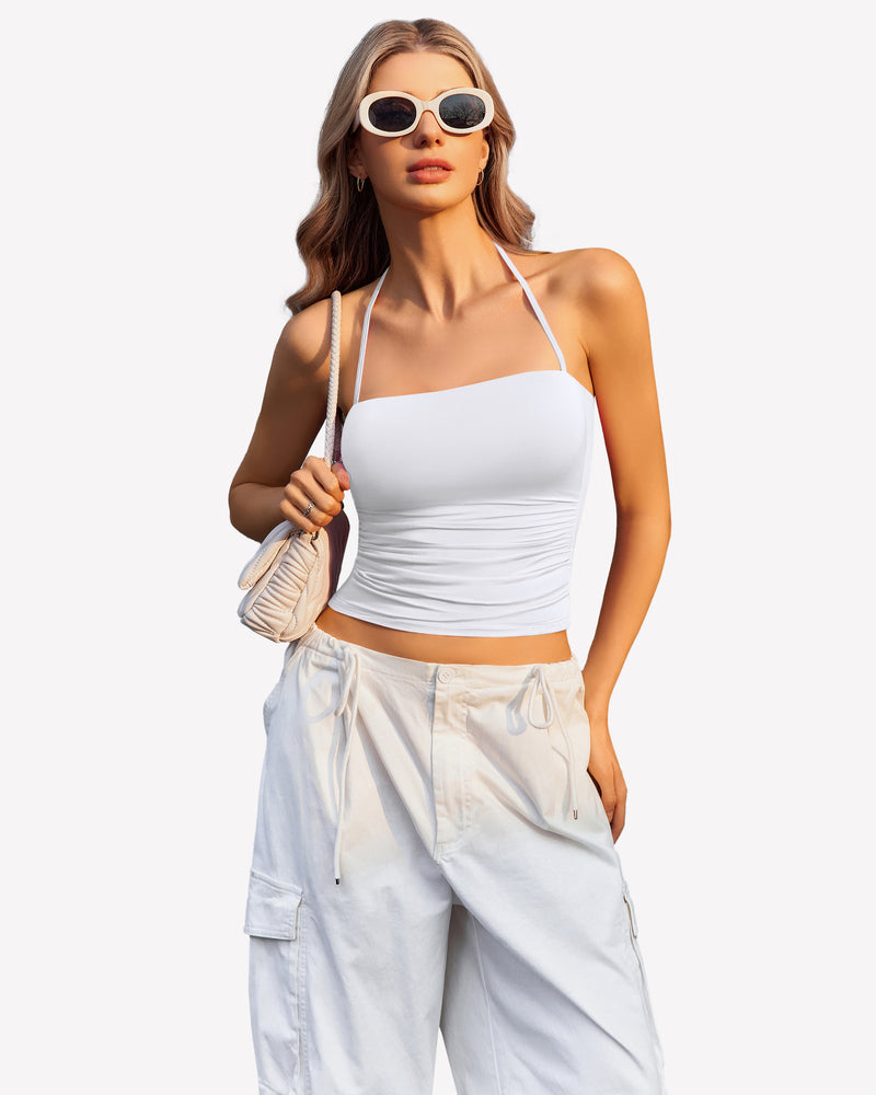 White ruched halter crop top with white cargo pants, perfect for a night out, going out crop top