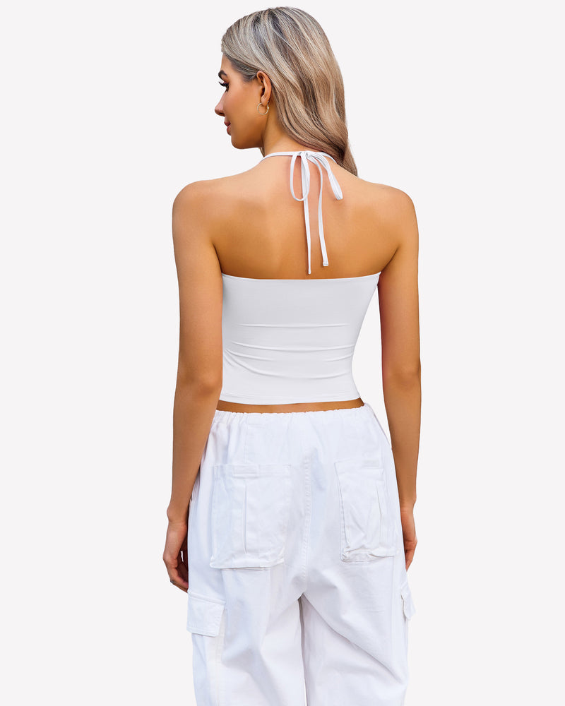 White halter crop top and white cargo pants, perfect for a night out, going out crop top