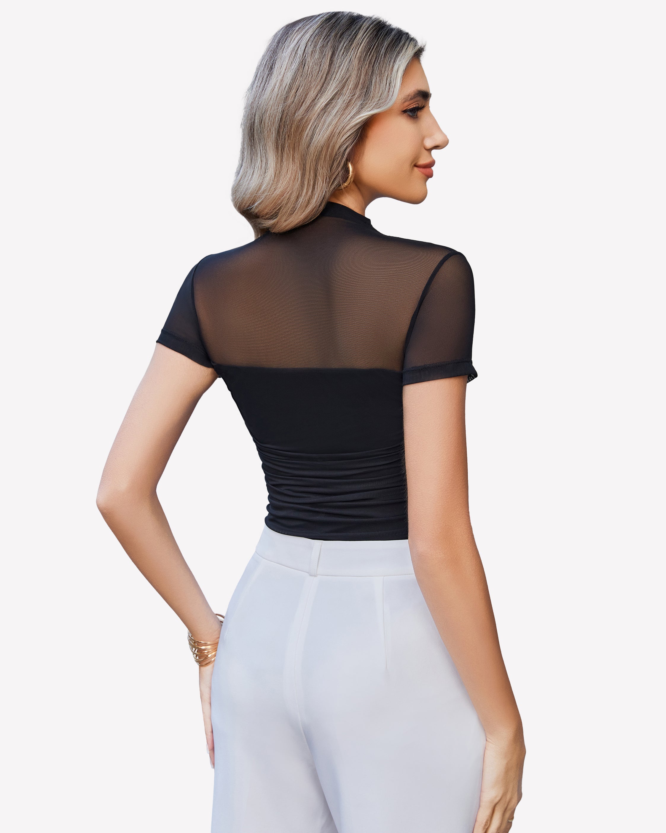Elegant black mesh bodysuit with turtle neck and white pants, perfect going out outfit