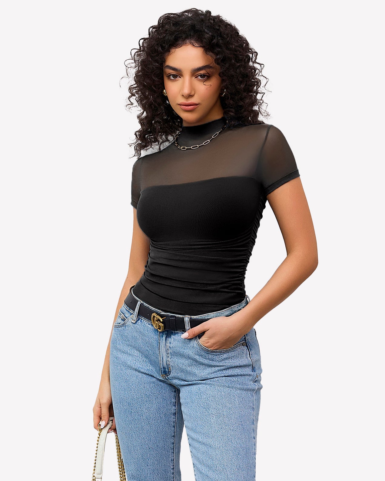 Black short sleeve bodysuit with mesh sleeves, paired with blue jeans, perfect going out outfit