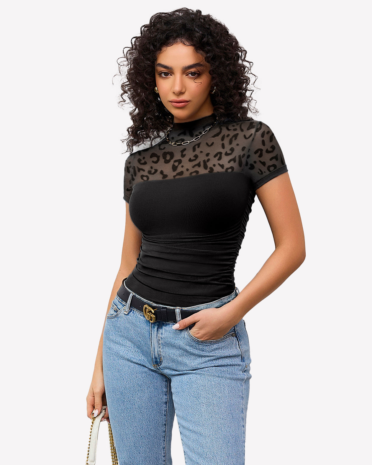 Black mesh sleeve bodysuit with turtle neck, paired with blue jeans, perfect going out outfit