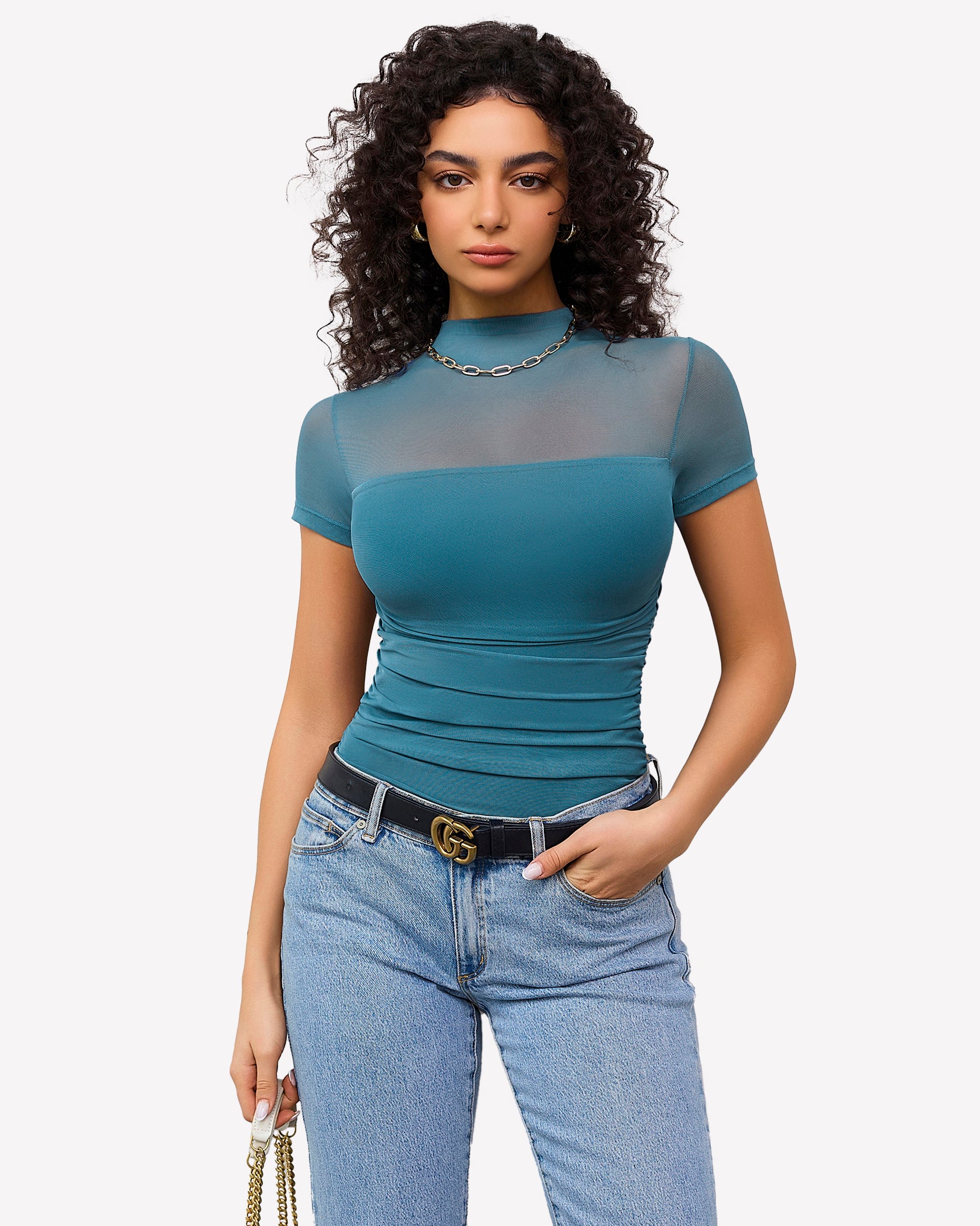 Teal mesh short sleeve bodysuit with turtle neck and blue jeans, perfect going out outfit