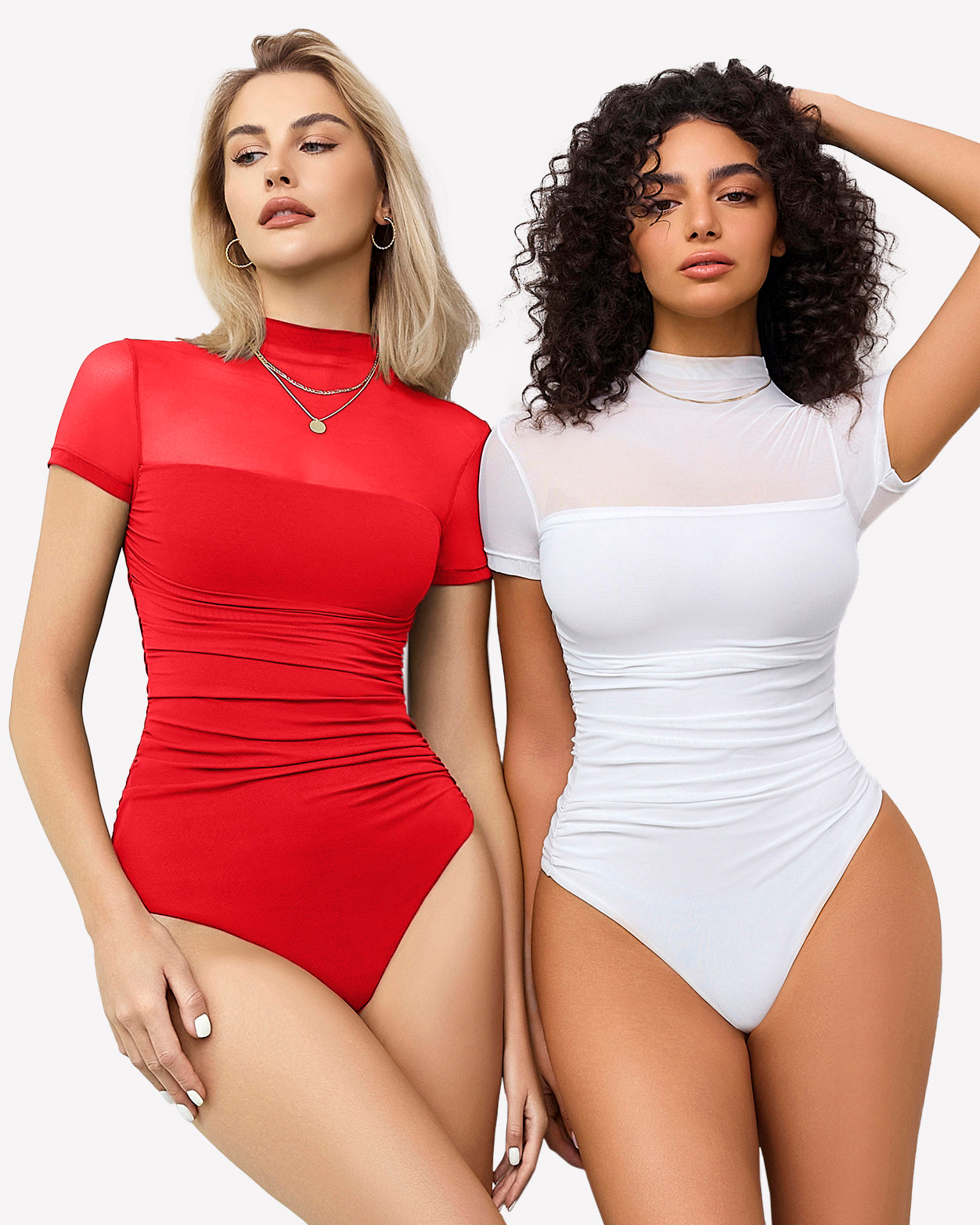 Red and white mesh short sleeve bodysuit with turtle neck, perfect going out outfits