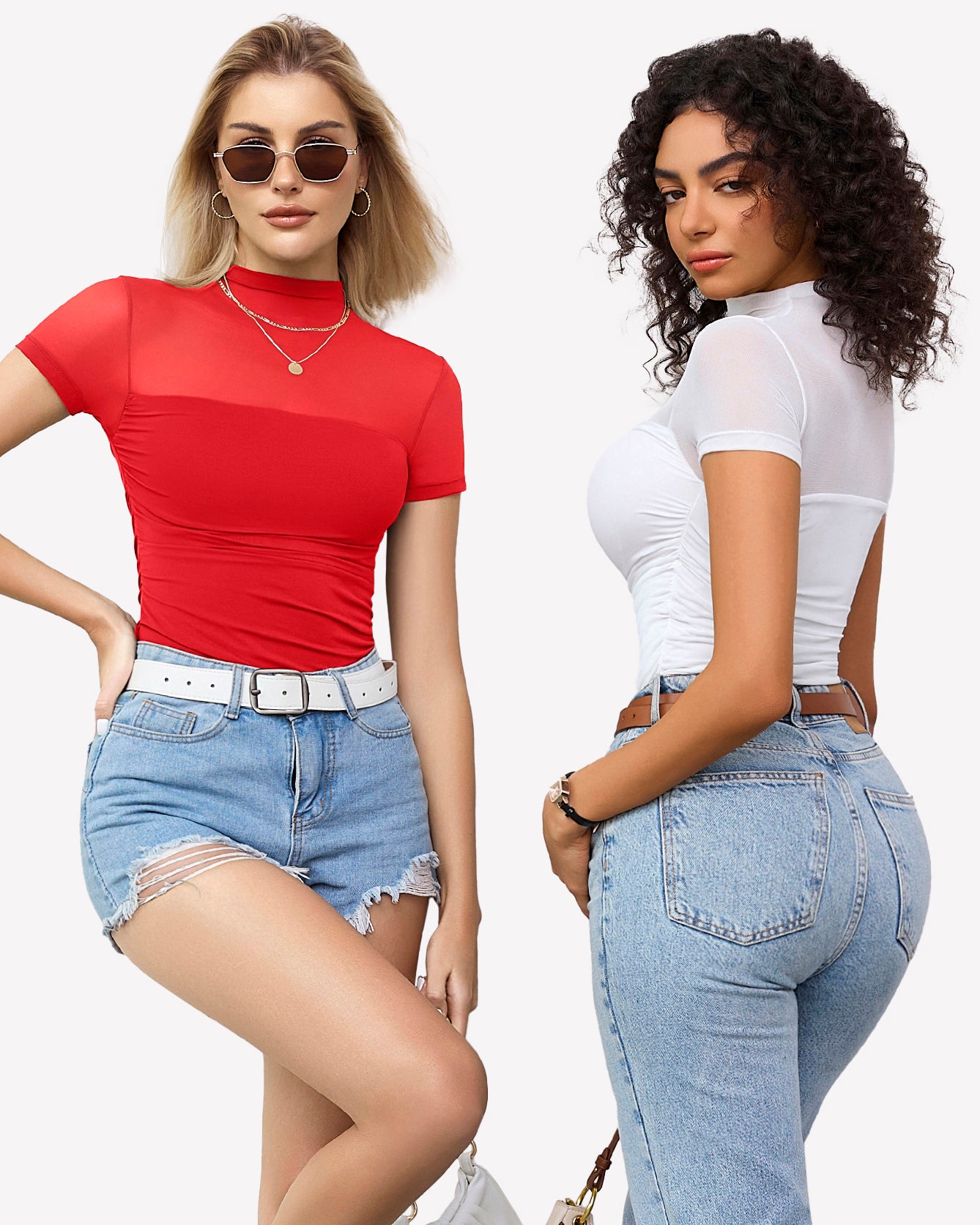 Mesh short sleeve bodysuit, red and white, perfect going out outfits with denim shorts and jeans