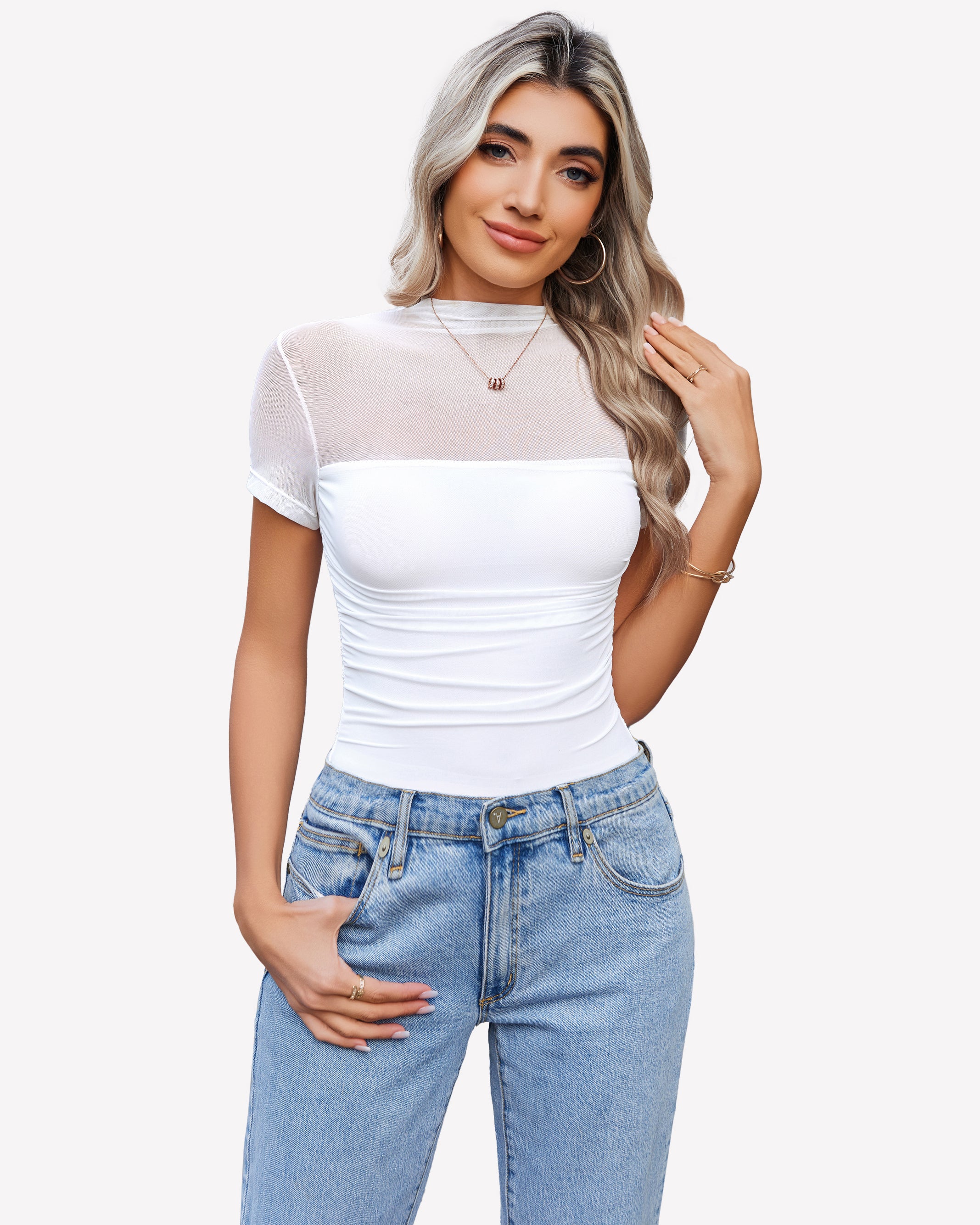 White mesh short sleeve bodysuit with turtle neck, paired with blue jeans, perfect going out outfit