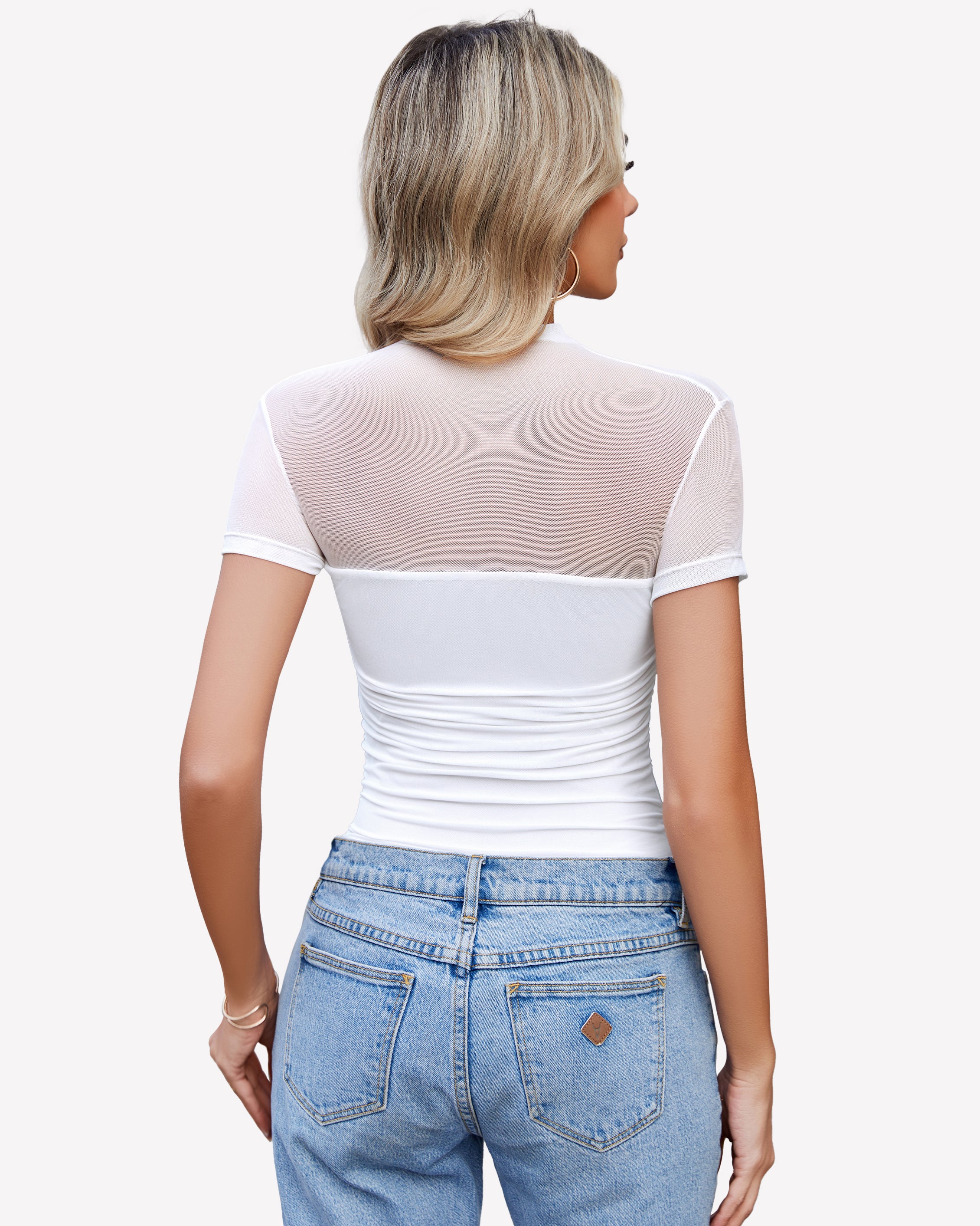 White mesh short sleeve bodysuit with turtle neck and blue jeans, perfect going out outfit