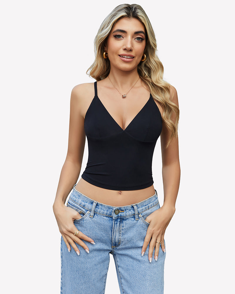 Black V-neck cami top with adjustable straps, Y2K style, perfect for streetwear and daily wear