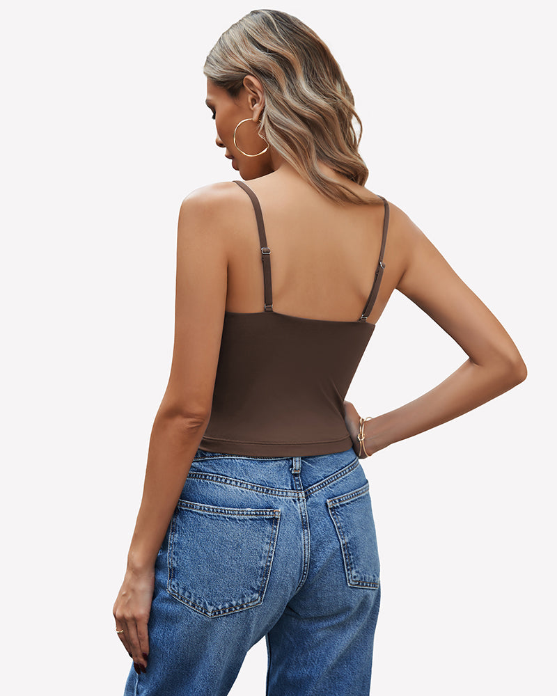 Brown V-neck spaghetti strap cami top, adjustable straps, perfect for daily wear and streetwear