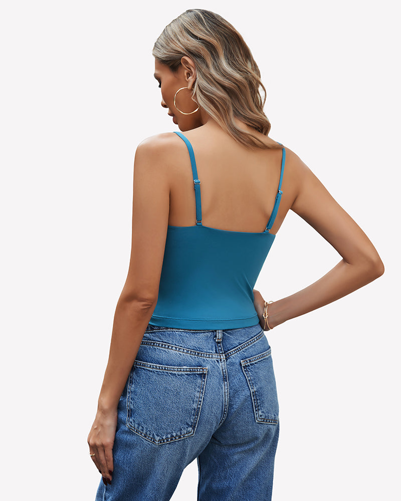 Teal V-neck spaghetti strap cami top, adjustable straps, Y2K style, streetwear