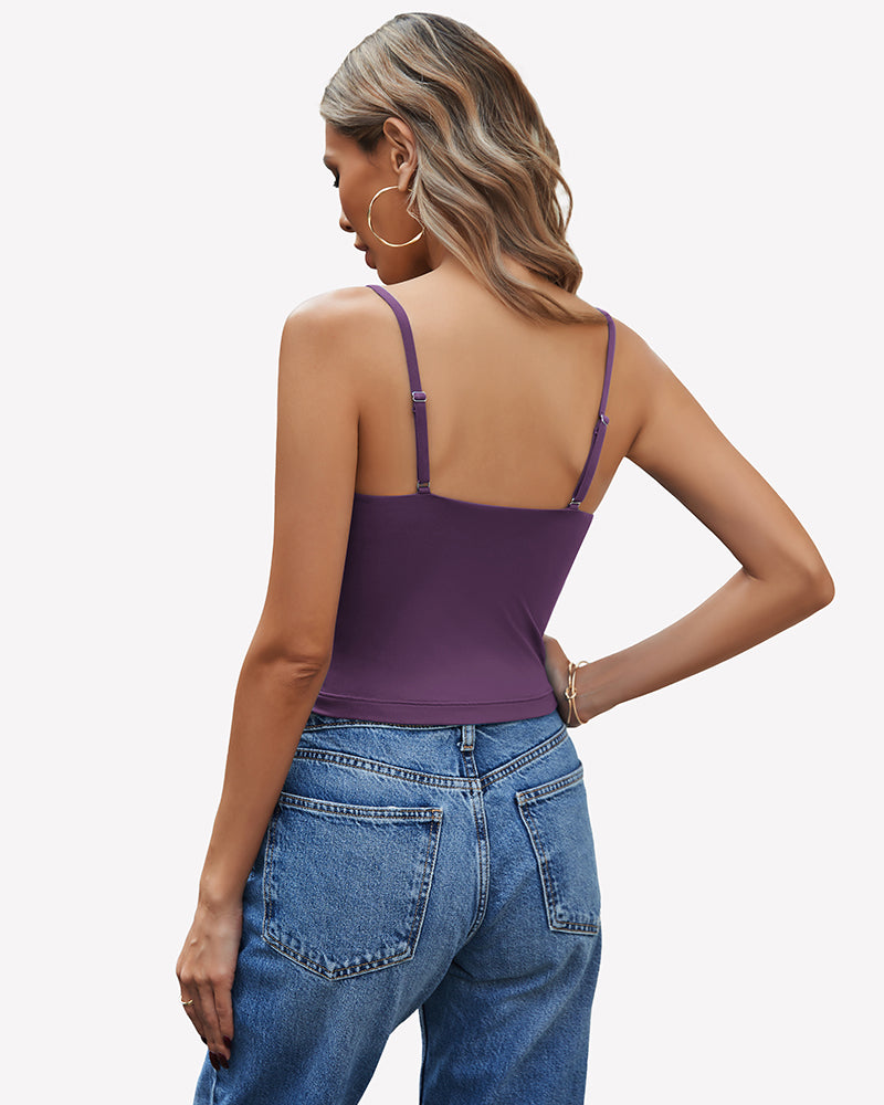 Purple V-neck cami top, adjustable straps, Y2K style, streetwear, paired with jeans