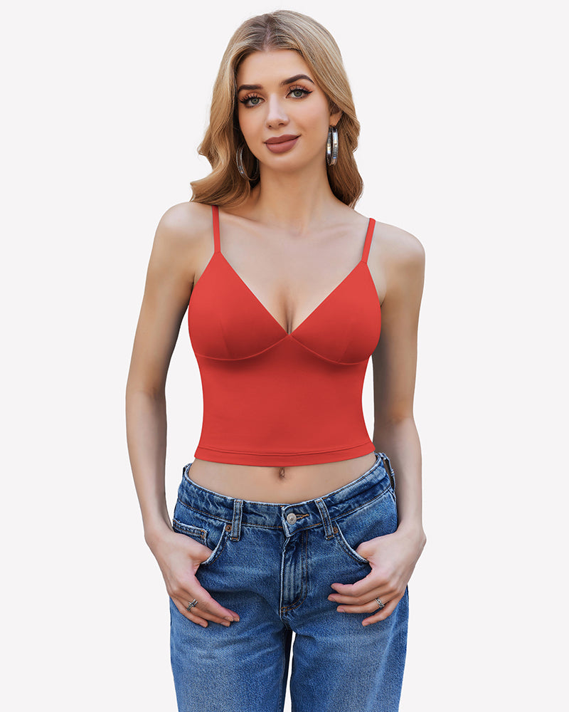 Red spaghetti strap cami top, Y2K style, adjustable straps, with jeans, streetwear
