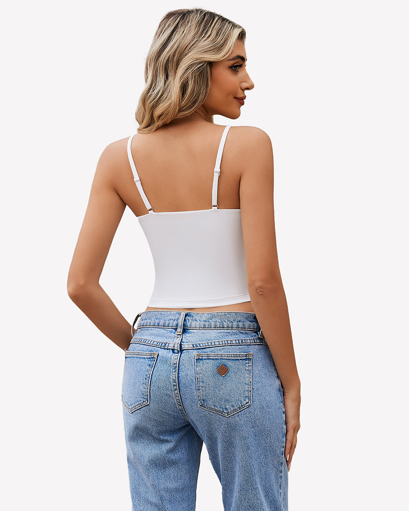 White V-neck cami top, Y2K style, adjustable straps, with jeans, for daily wear and streetwear