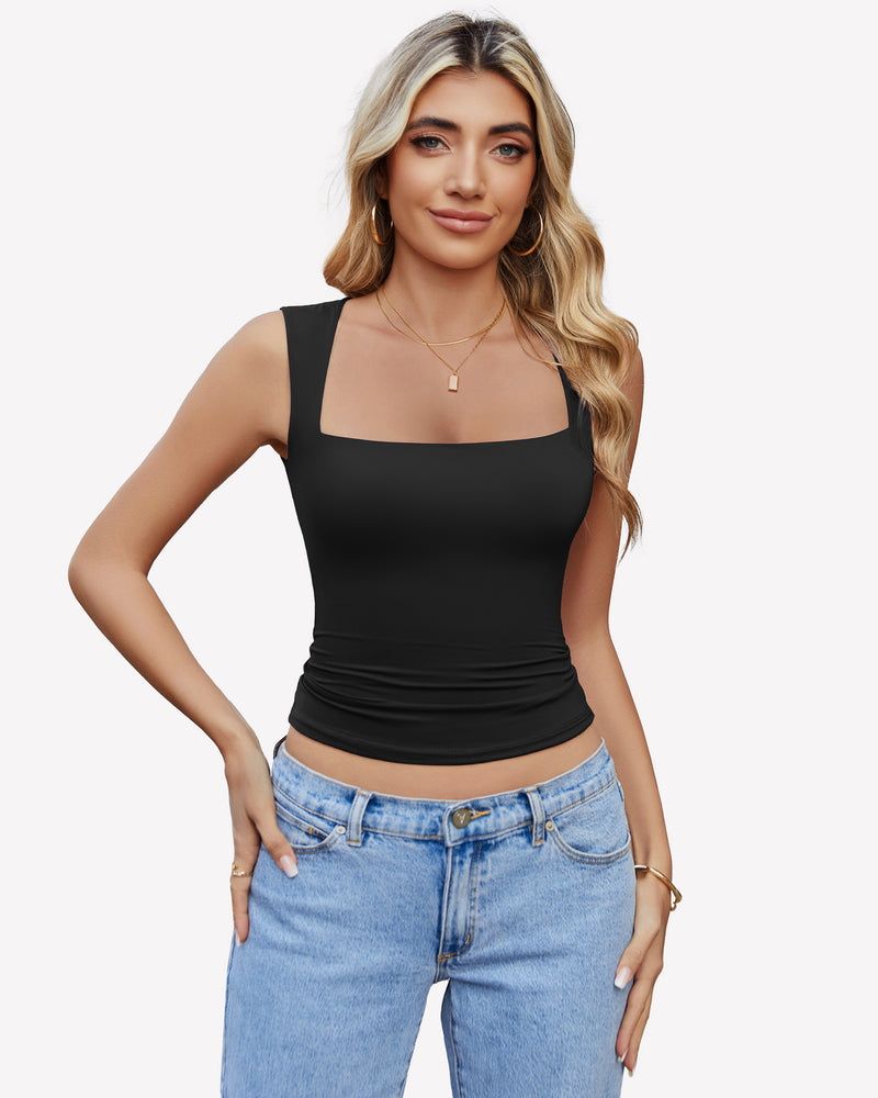 Square neck tank top in black, sleeveless with wide straps, a basic crop top for any outfit.