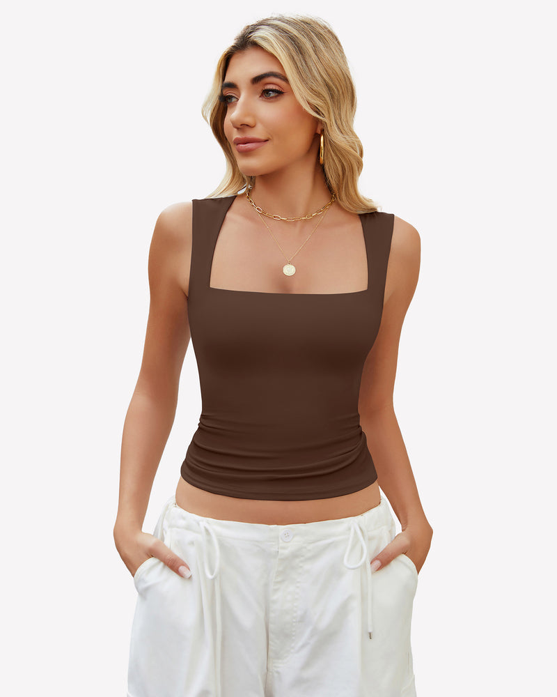 Brown square neck tank top, sleeveless, versatile crop top for any outfit, perfect for summer.