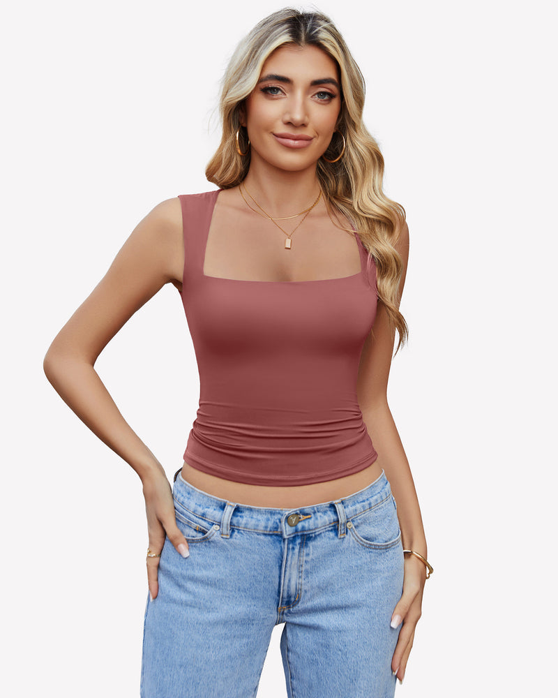 Dusty rose square neck crop top, sleeveless, and blue jeans, a versatile summer outfit.