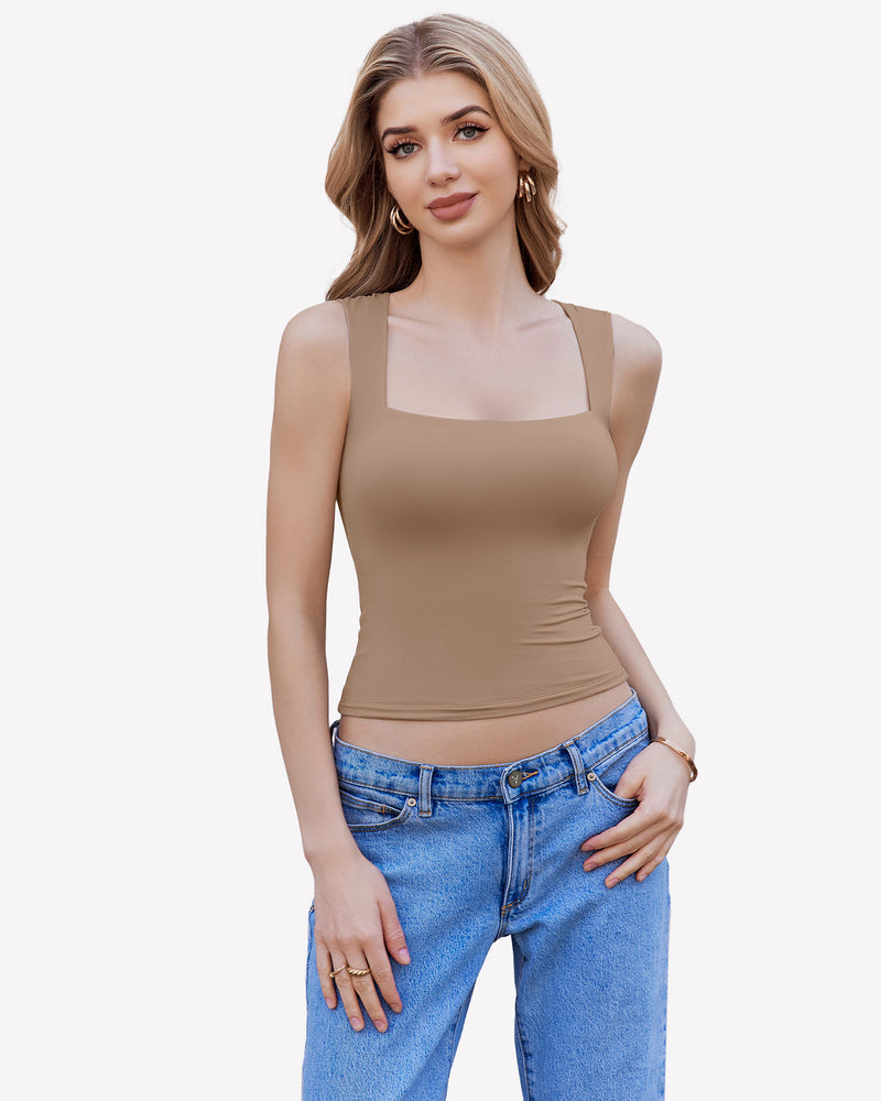 Tan square neck tank top, sleeveless, with wide straps, a versatile crop top for any outfit.
