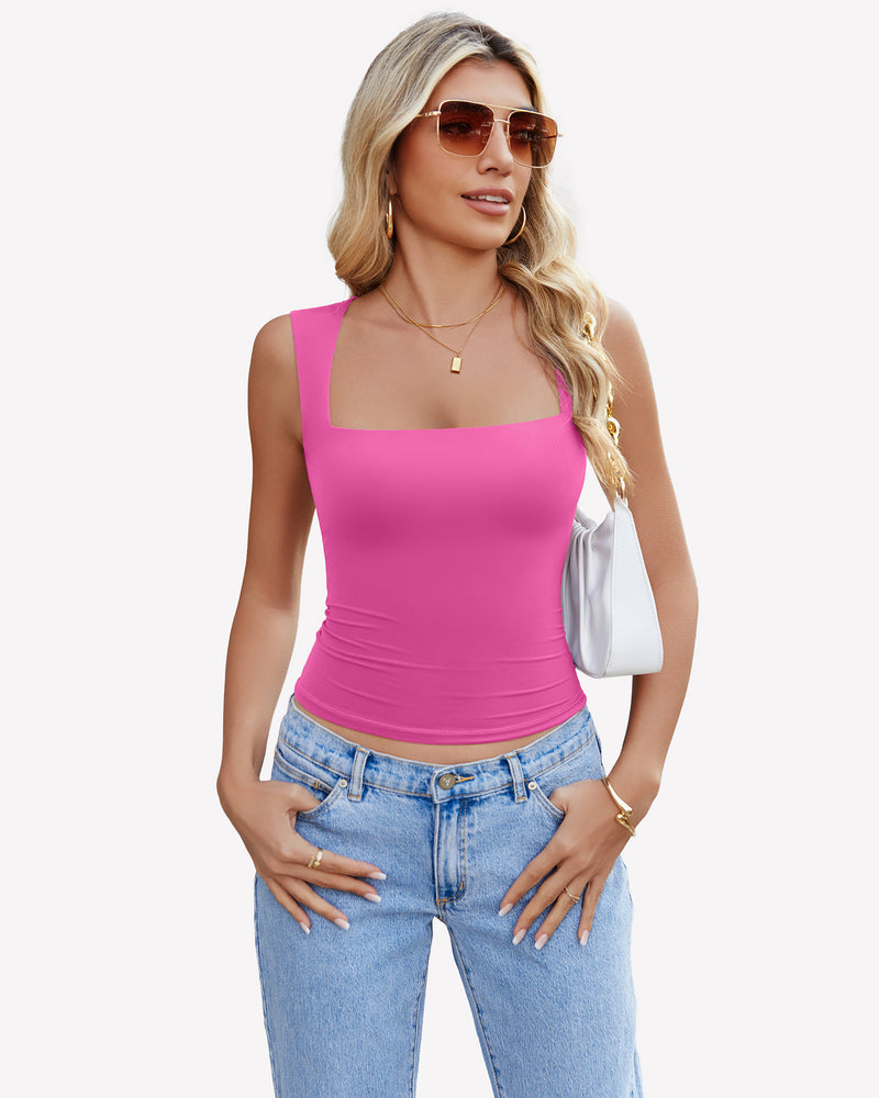 Pink square neck tank top, sleeveless, paired with blue jeans, a versatile summer outfit.