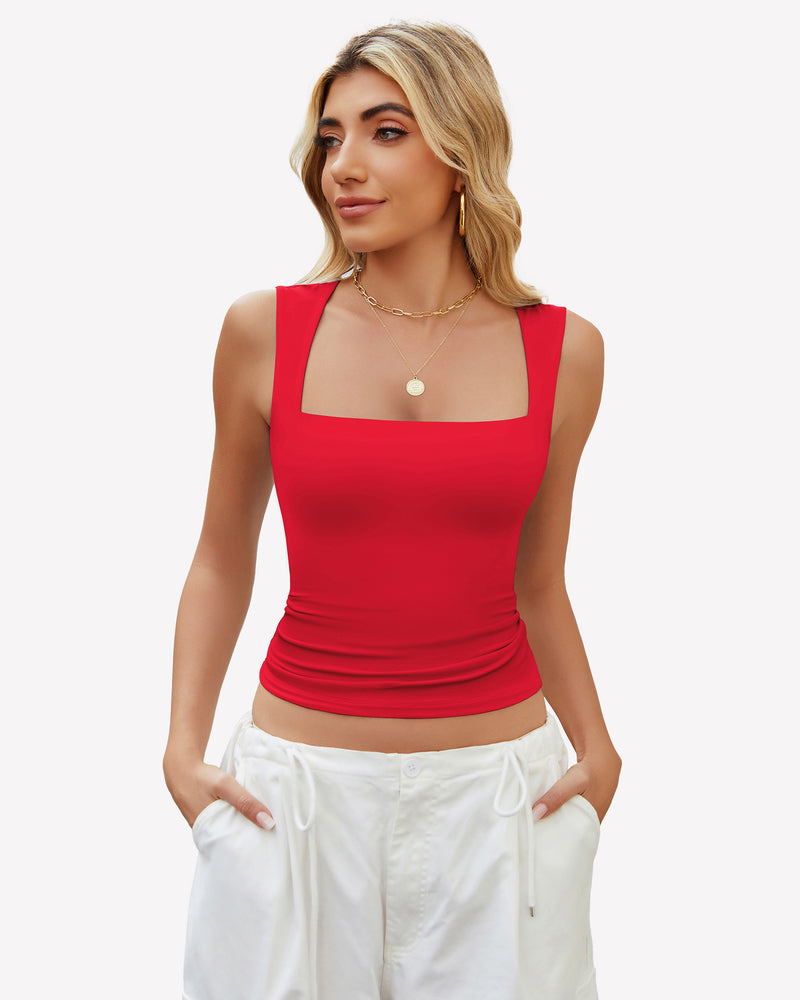 Red square neck tank top, sleeveless, paired with white pants, a versatile summer outfit.