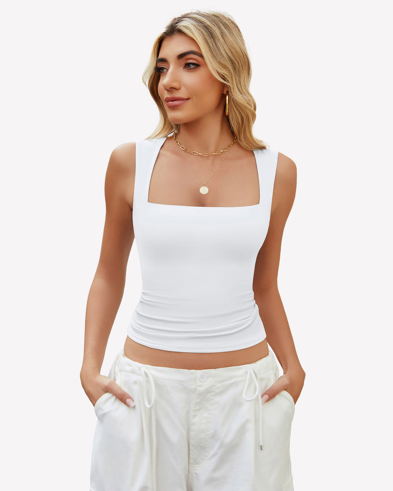 White square neck tank top, sleeveless, with wide straps, a versatile crop top for any outfit.