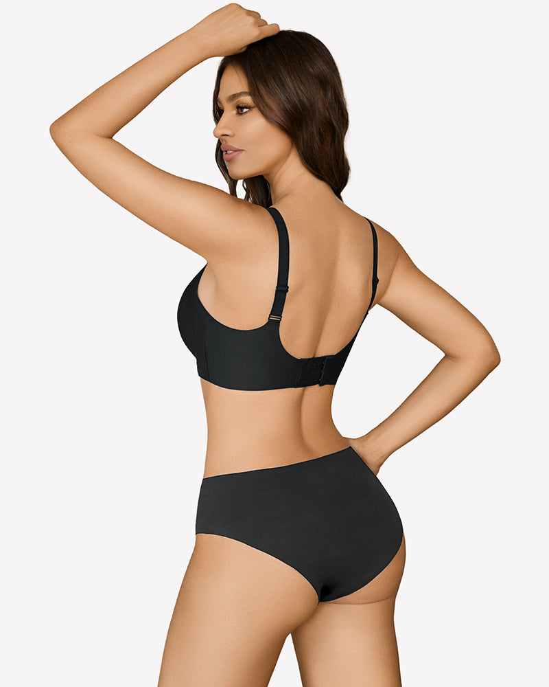 Black wireless push-up bralette and underwear set. Supportive, seamless design for women.