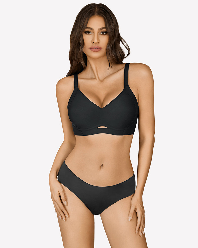 Black wireless push-up bralette and underwear set, seamless design, supportive bra for women