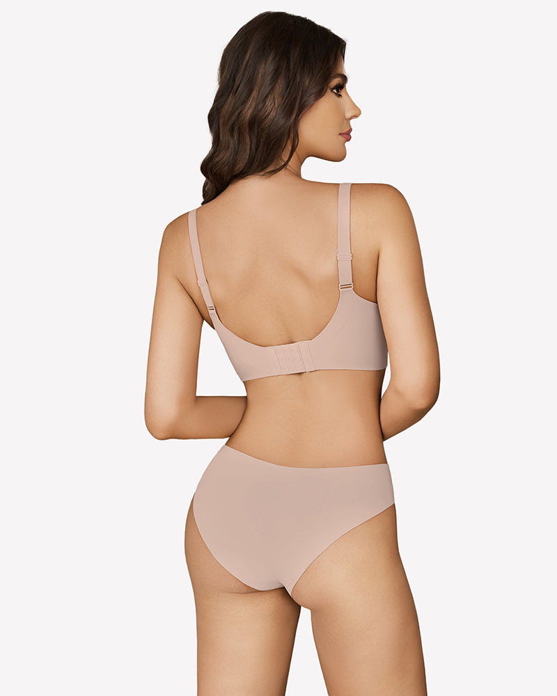 Beige wireless push-up bralette and underwear set, seamless design, supportive bra for women