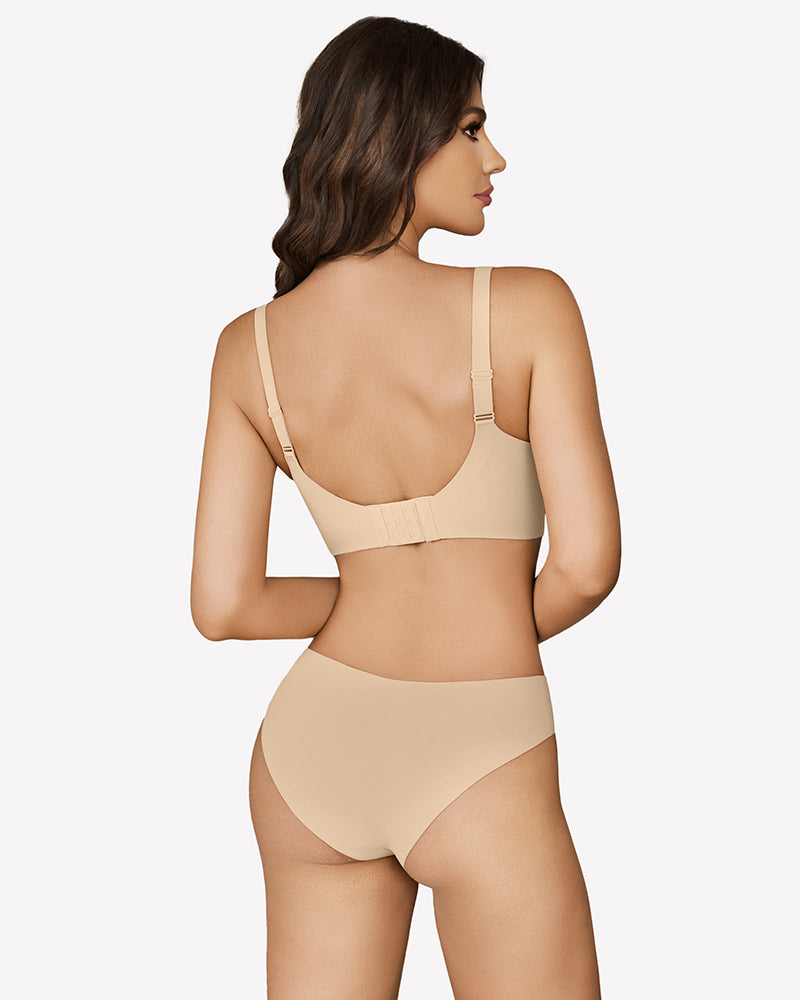 Beige wireless push-up bralette and matching underwear set, seamless design, supportive bra