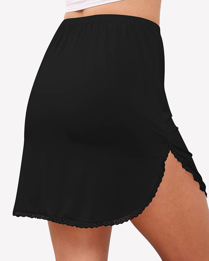 Black lace slip base skirt with elastic waist and side slit, perfect for under dresses
