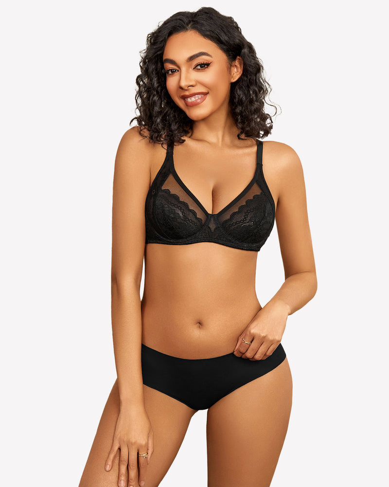Black lace bralette set. Ultra-soft mesh, adjustable straps, perfect for special nights.
