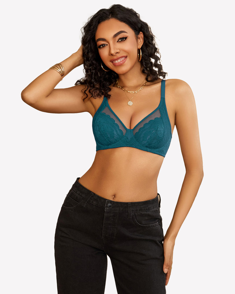 Teal lace push-up bra with adjustable straps and black jeans. Ultra-soft mesh.