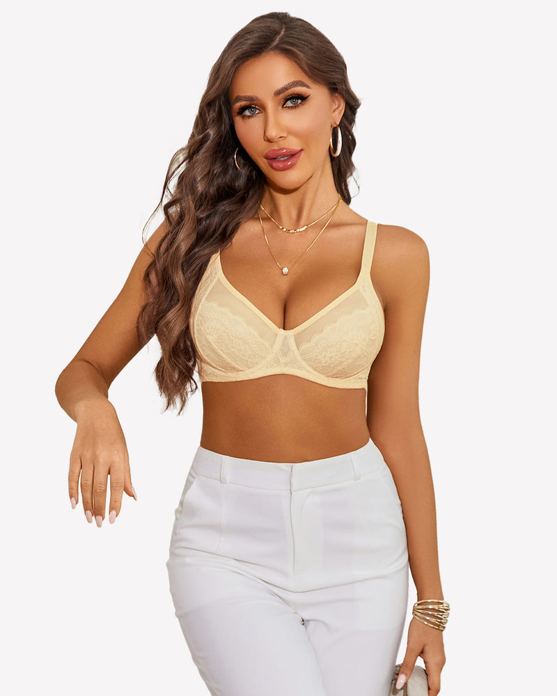 Beige lace push-up bra with adjustable straps, ultra-soft mesh. Perfect for special nights.