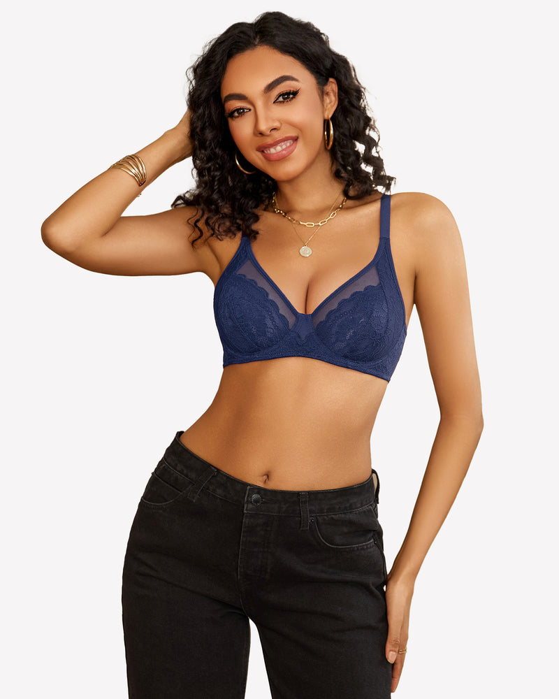 Navy blue lace push-up bra with adjustable straps and black jeans. Ultra-soft mesh.