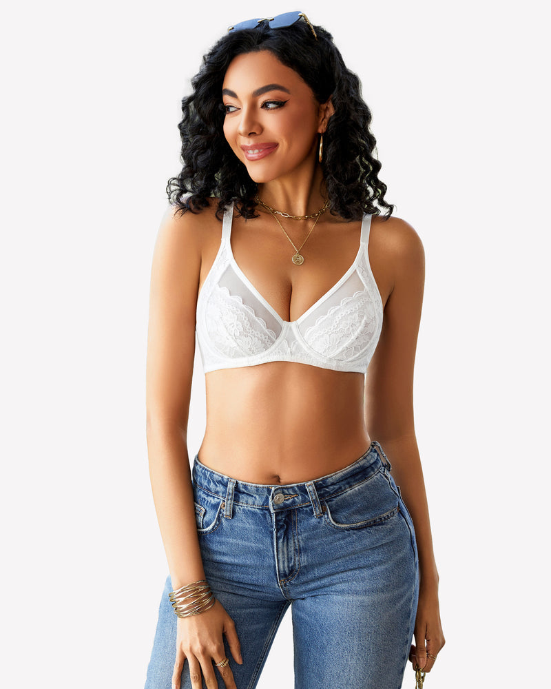 White lace push-up bra with adjustable straps and lace detailing, paired with blue jeans