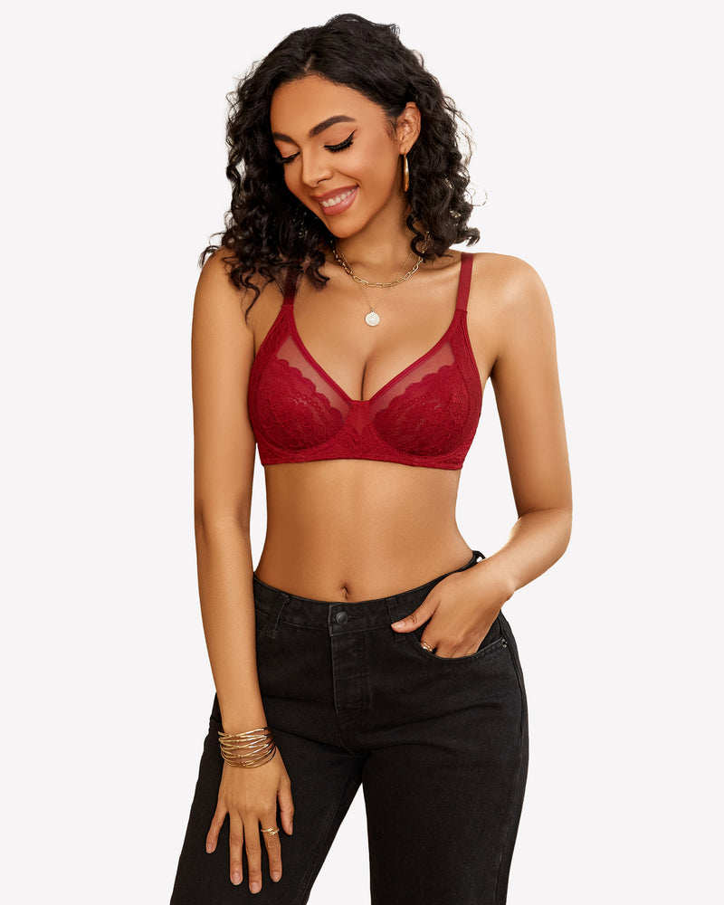 Burgundy lace push-up bra with adjustable straps and black jeans. Ultra-soft mesh.