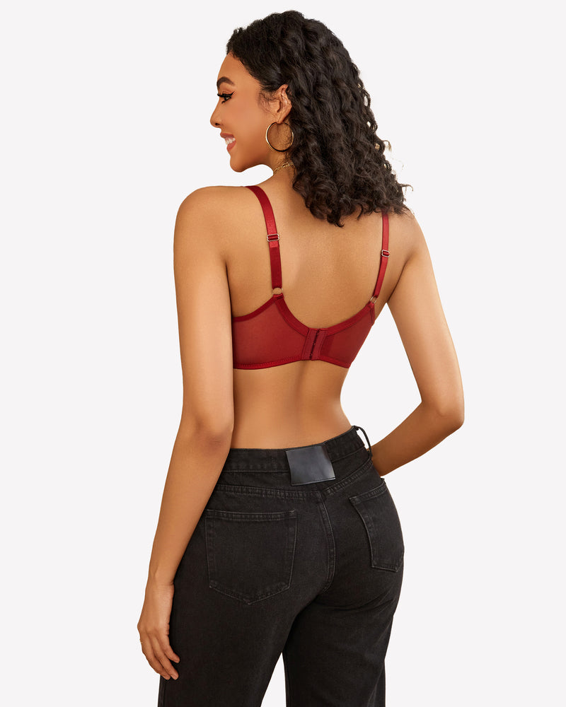 Burgundy push-up bra with adjustable straps and black jeans. Ultra-soft mesh.