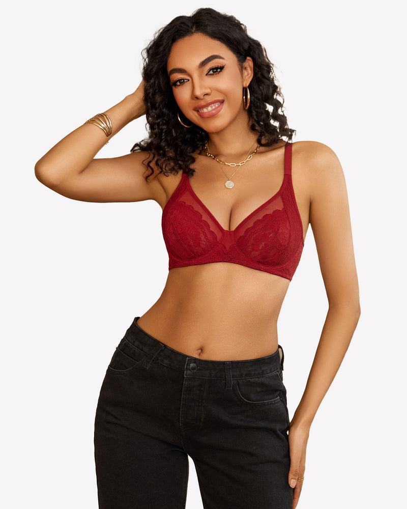 Burgundy lace push-up bra with adjustable straps and black jeans. Ultra-soft mesh lingerie.